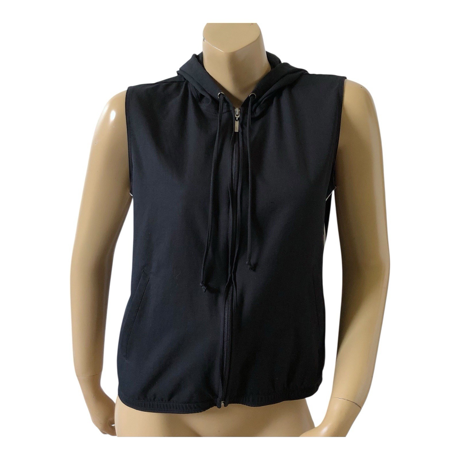 New York & Company Top Womens M Black Hooded Sleeveless Zip Front Athleisure