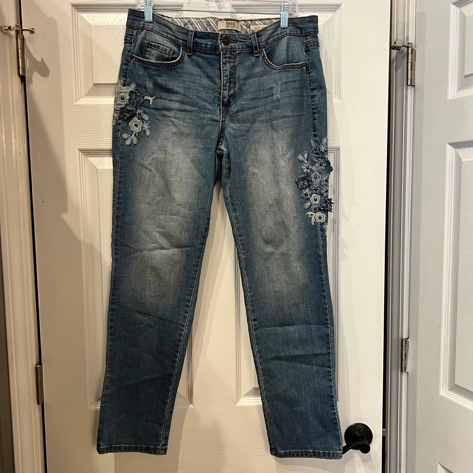 Vintage America Blues Bestie Jean Cotton Blend Floral Embroidered Boho Denim 10