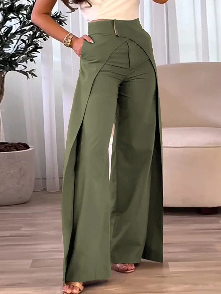 Women’s Pants Casual Bottom High Waist Overlap Asymmetrical Wide Leg