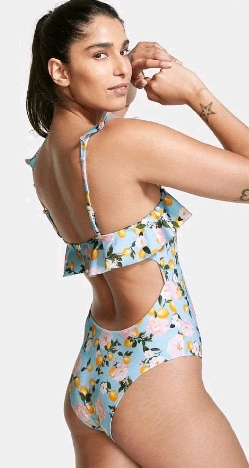NWT! Victoria Secret One Piece Swimsuit Blue Yellow Pink Floral Ruffle Lemons! L