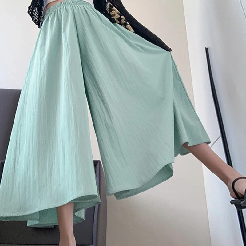 Summer Pink Oversized Skirt Pants Women All Match Elastic Waist Wide Leg Pants