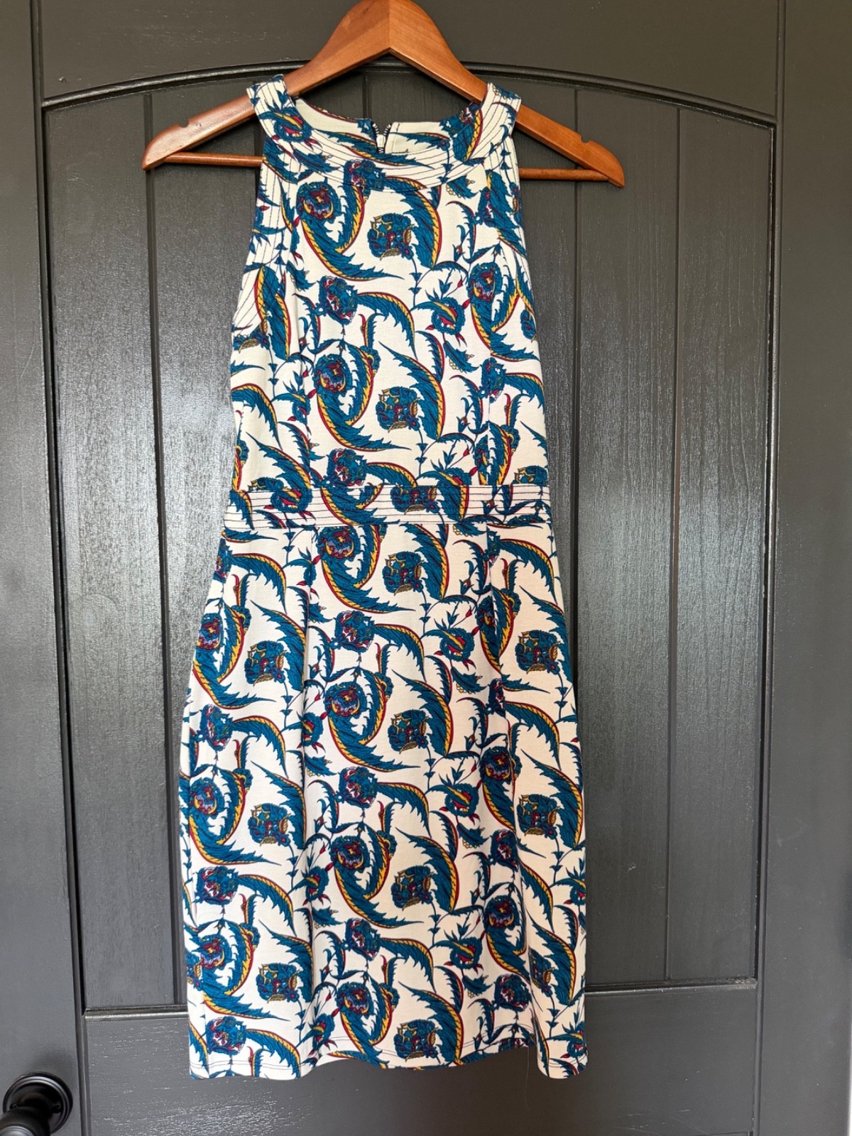 H&M Midi Dress Size Medium Cream Turquoise Yellow Red Feather Design Racer Back