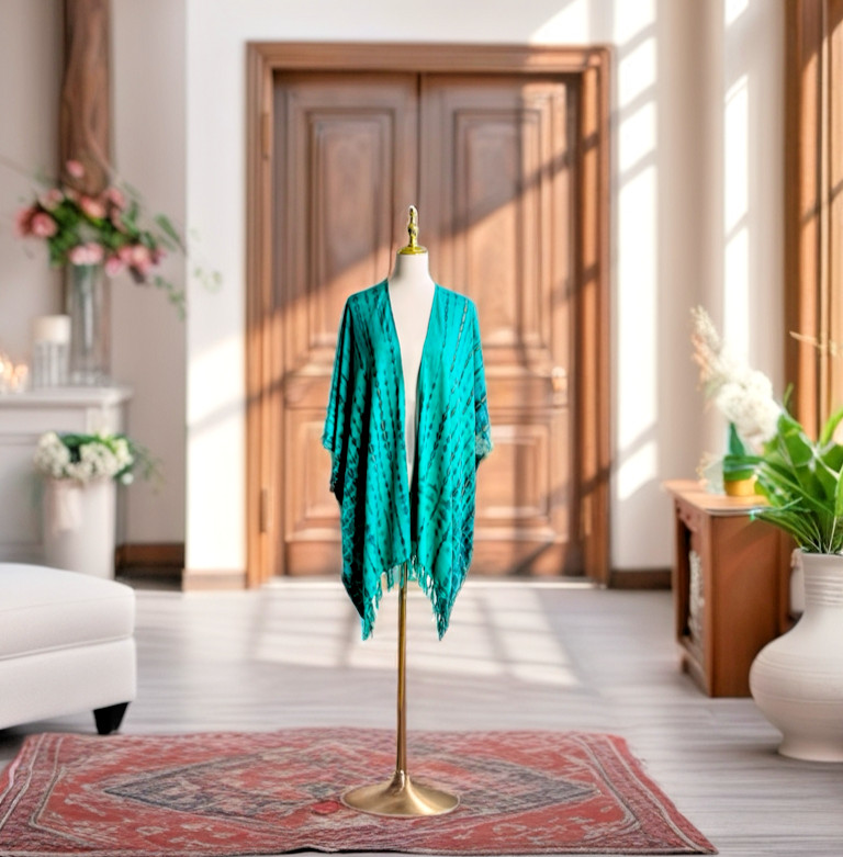 0144/ Green Brown Tie Dye Outer with fringed, Short Kimono, Beach cover up