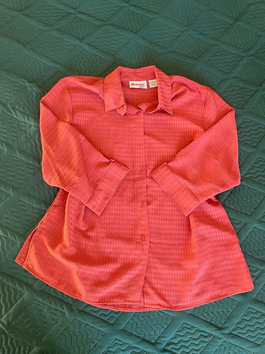 Joanna Plus Coral Red Textured Button-Down Long Sleeve Blouse