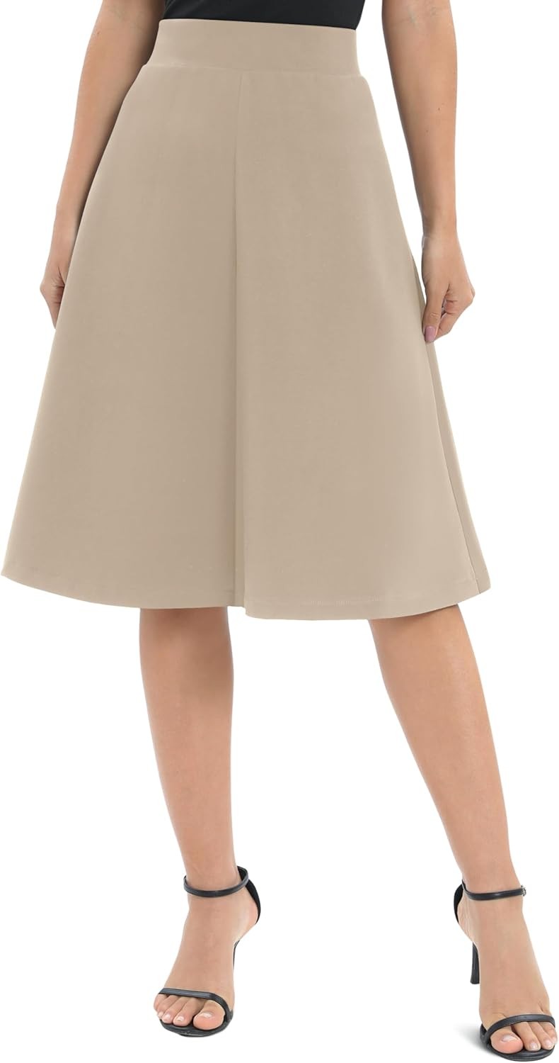 Womens High Waist A-Line Work Skirt Stretchy Knee Length Flare Office Midi Skirt