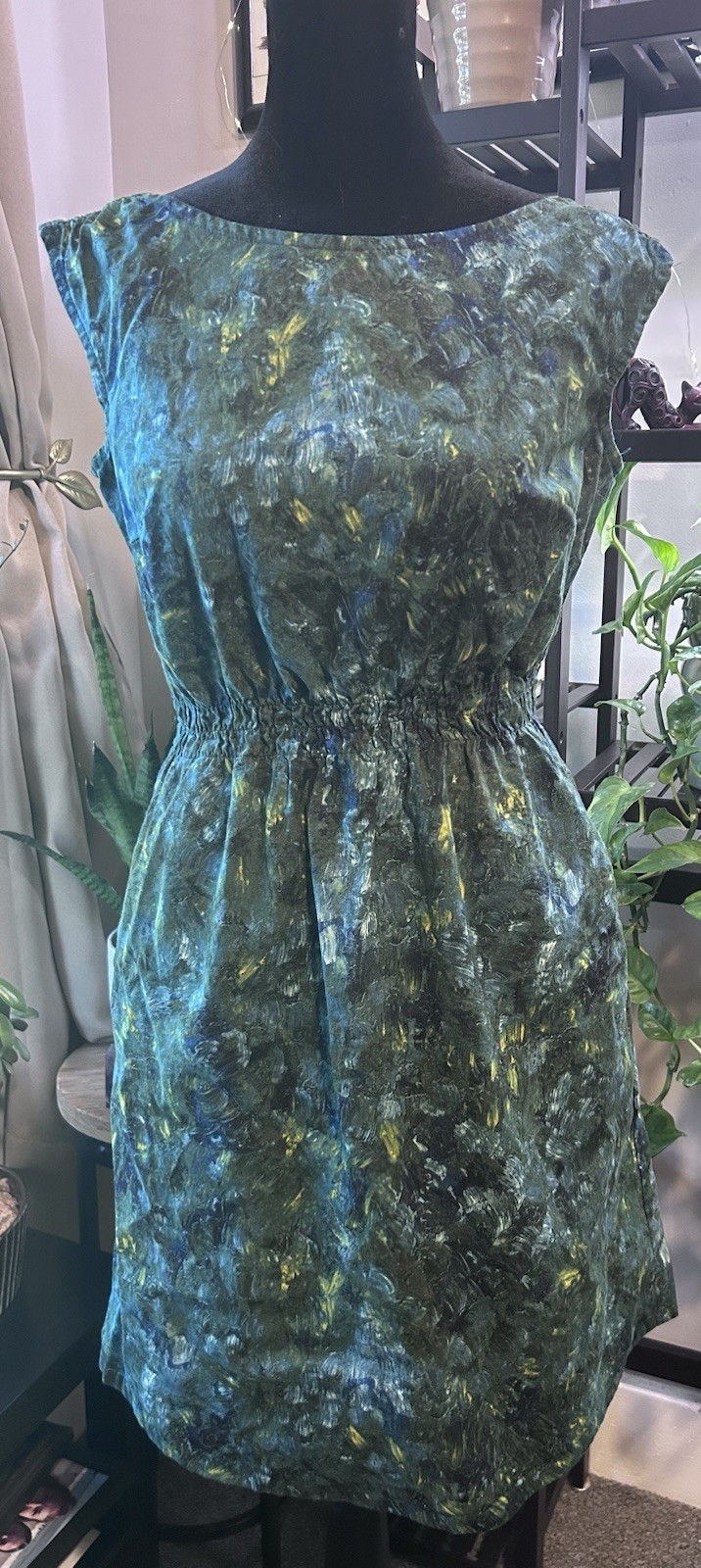 Sunhee Moon Green Blue Yellow Abstract Cotton Sheath Dress Boat Neck Zip Size 1