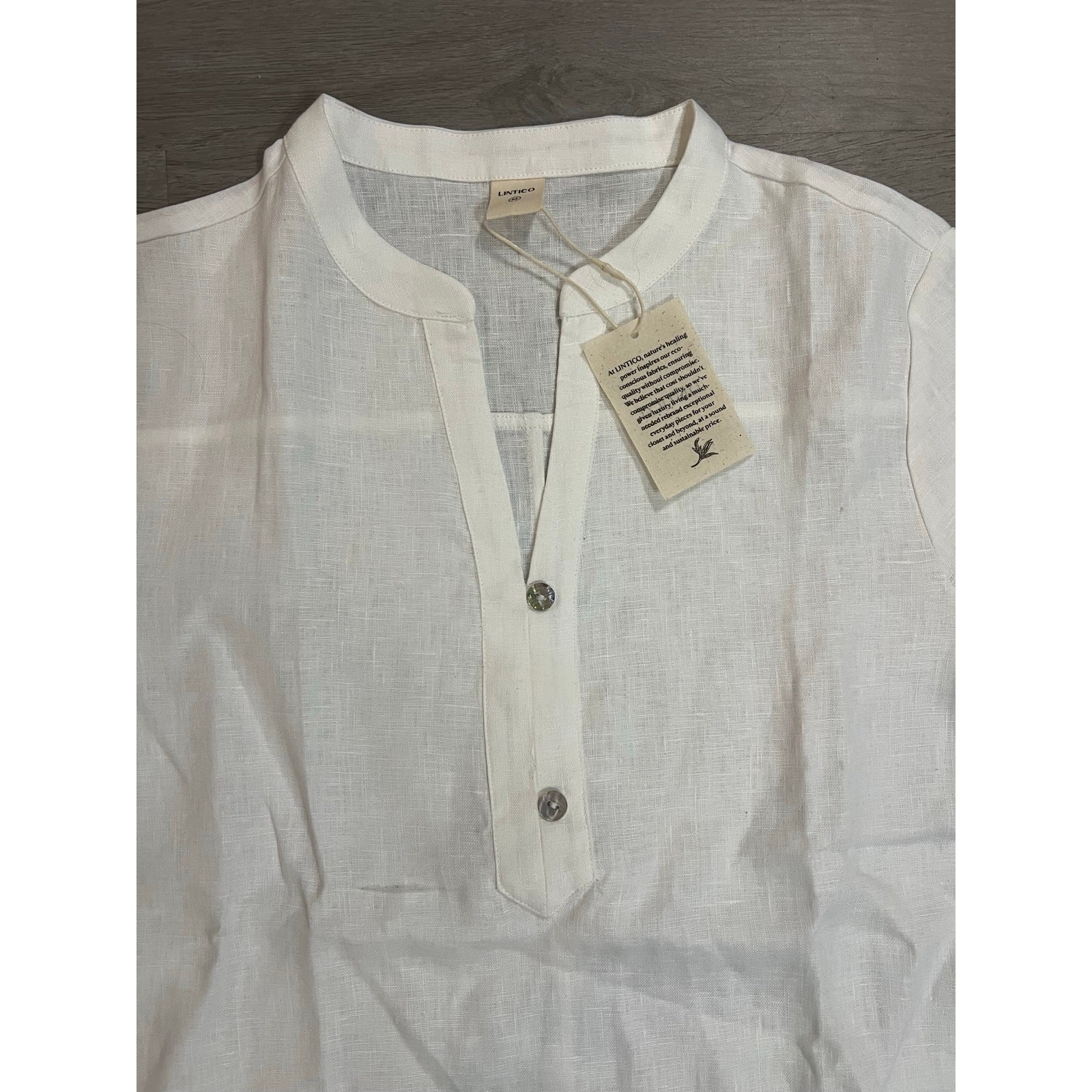 Lintico White 100% Linen Jolyne Deep V-Neck Button Popover Blouse Top Size M NWT