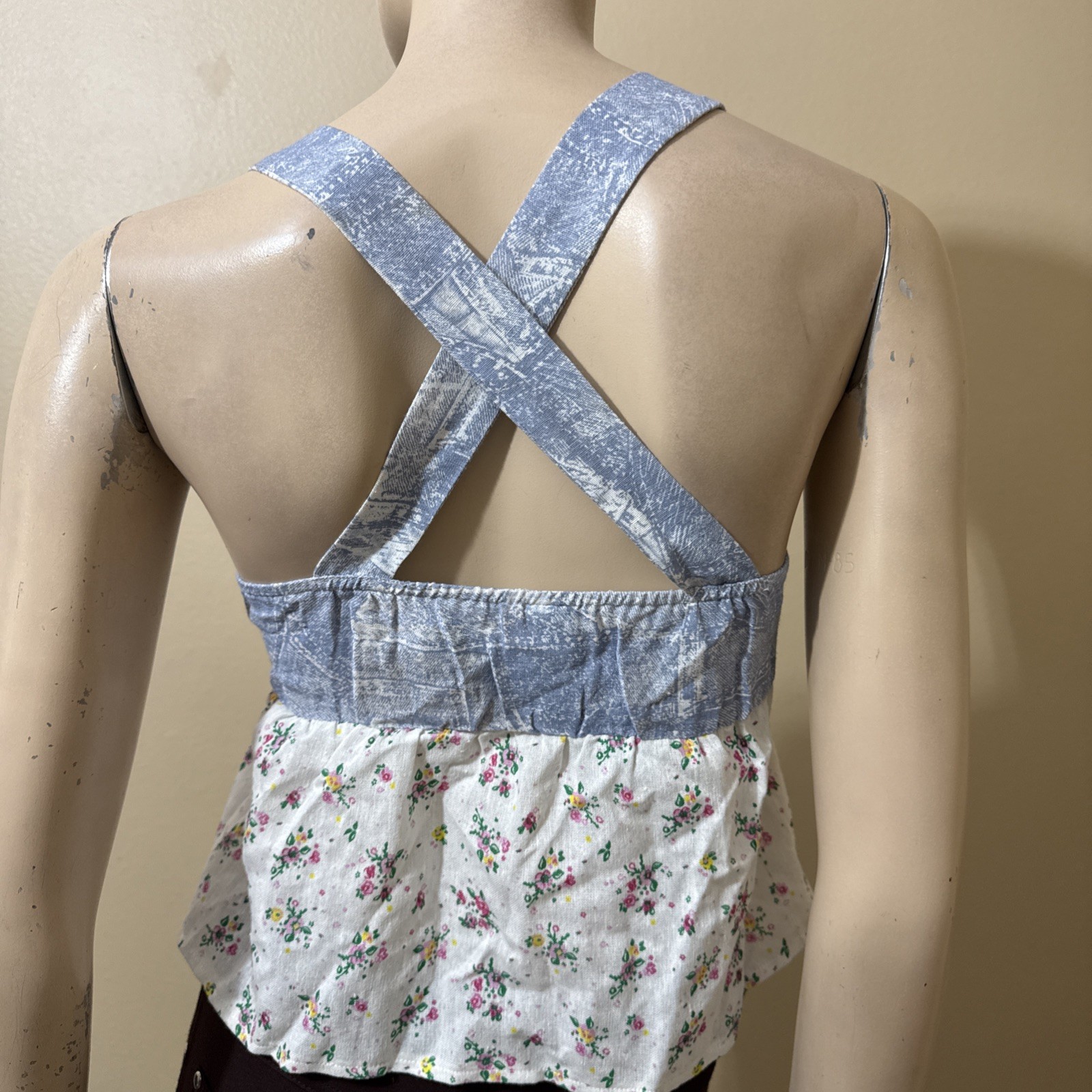 Women’s White Blue Floral Polyester Summer Open Slim Lacing Size S Blouse Top