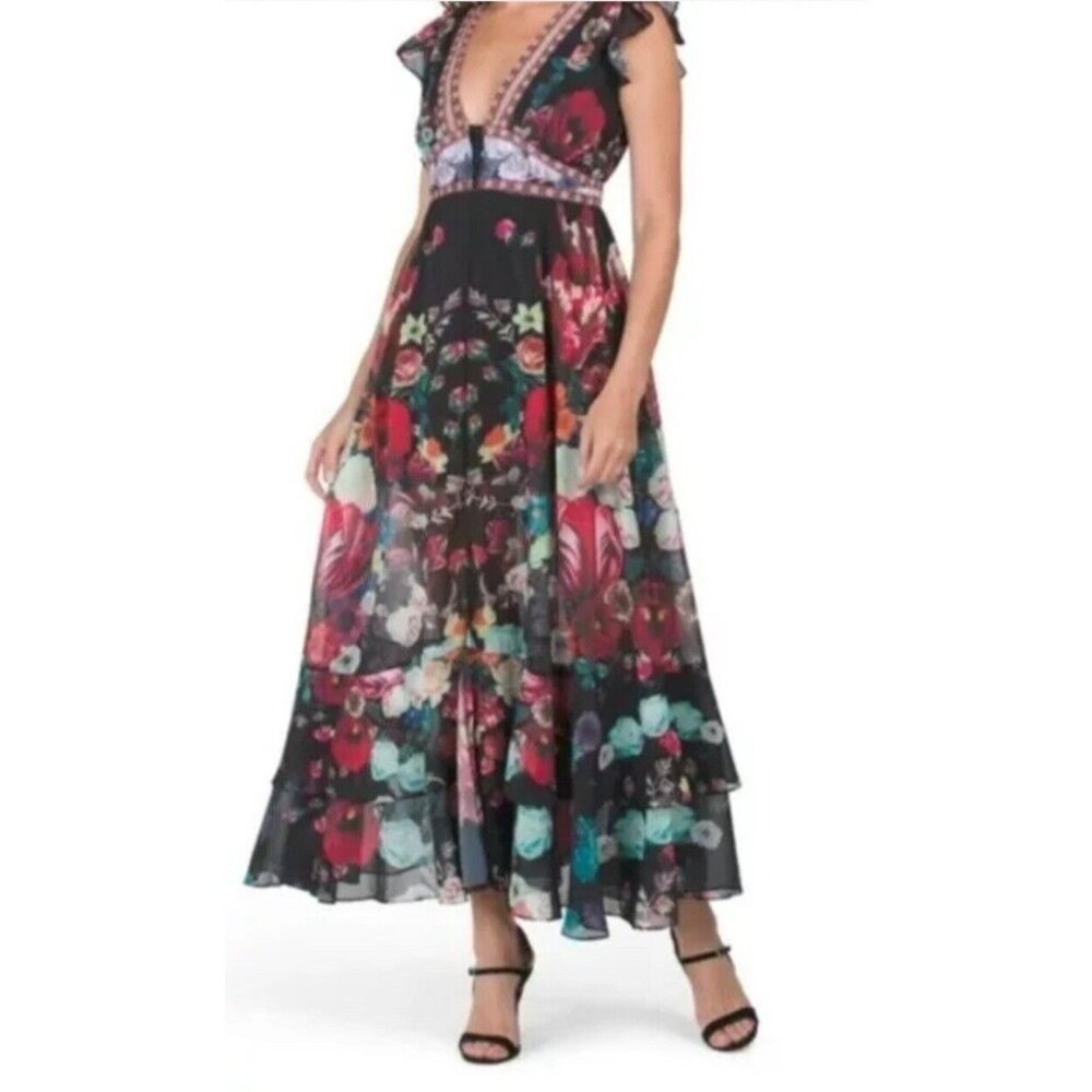 Dalia MacPhee Dress Black Chiffon Bright Floral Tiered Maxi Size S Flowy Event