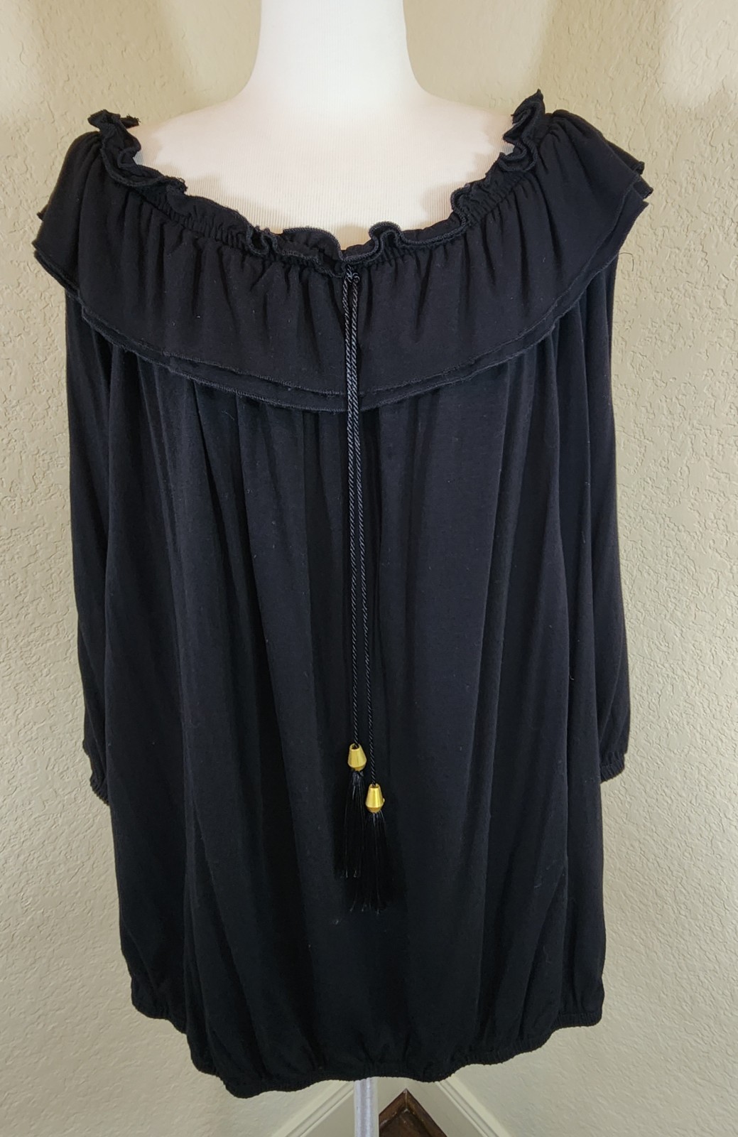NEW IMAN Sz L Global Chic Top Black Elastic Waist Off Shoulder QVC HSN