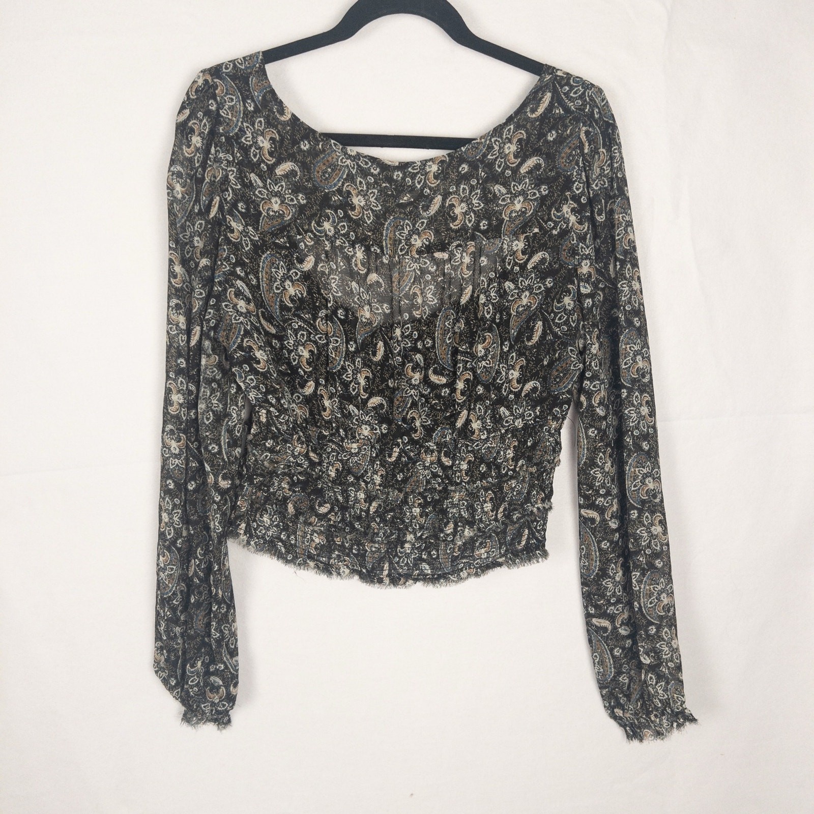 Free People Womens XL Paisley Smocked Boho Crop Blouse Long Sleeve Top READ