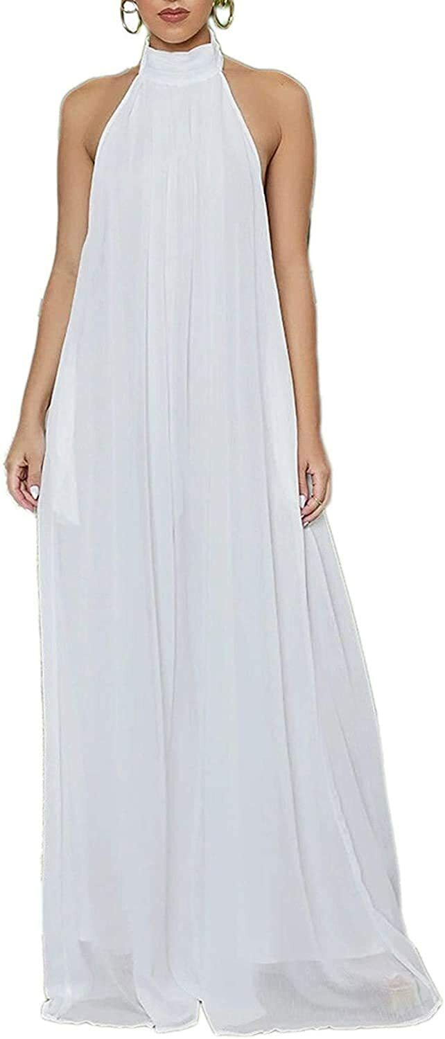 Women’s Elegant Loose Fit Chiffon Halter Neck Backless Wide Leg Jumpsuits