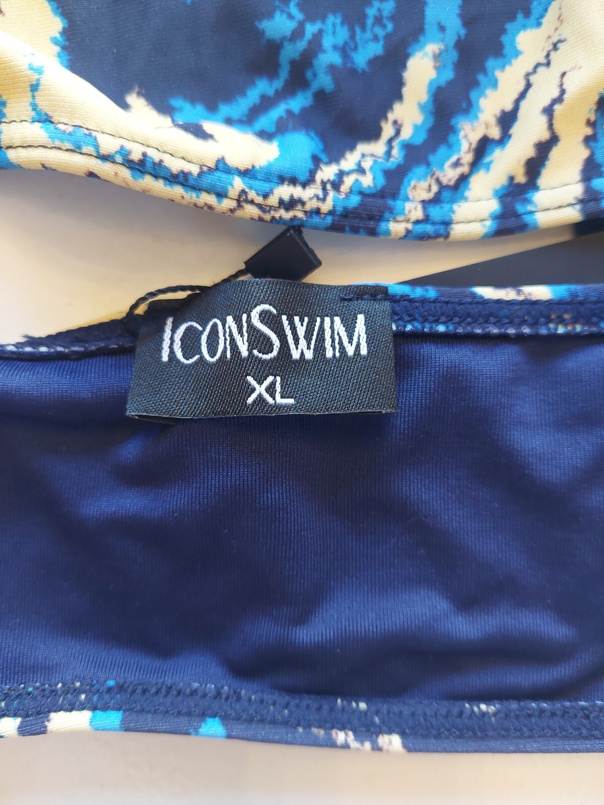 NWT Icon Swim Diagonal Strap Bakini Top, Blue And Tan Color, Size XL