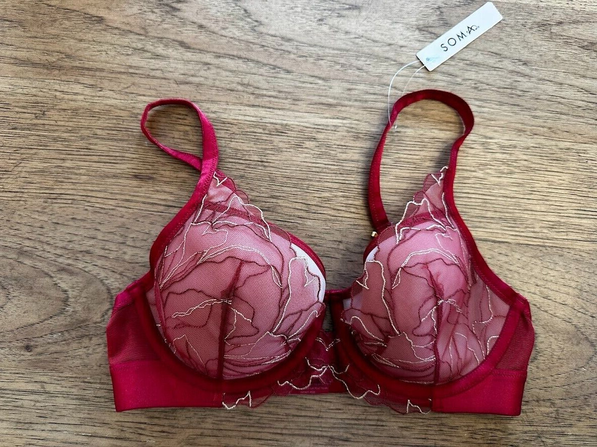 SOMA Intimates Paint The Town Red 34C Linework Embroidery Light Lined Plunge Bra