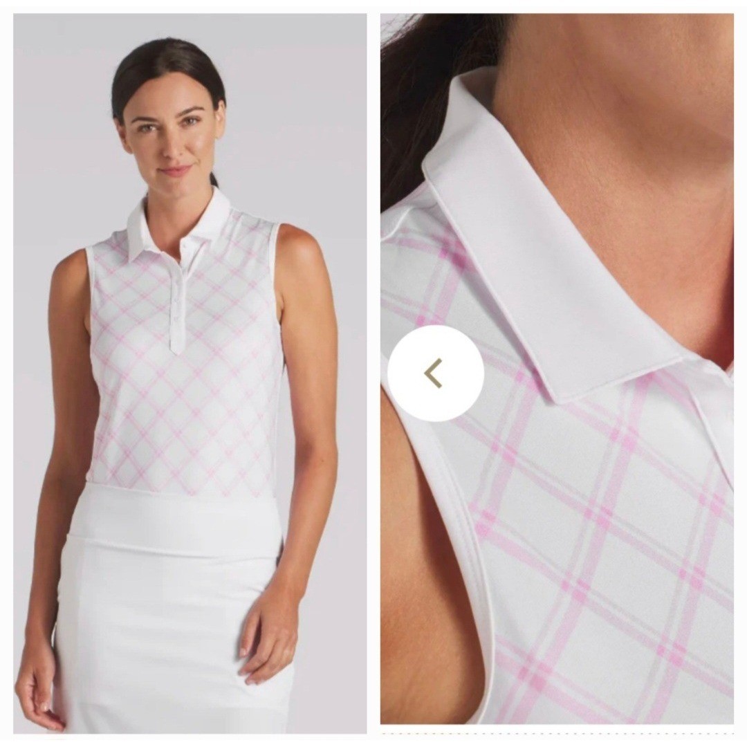 Puma Womens White & Pink Cloudspun Plaid Sleeveless Golf Polo Size Large