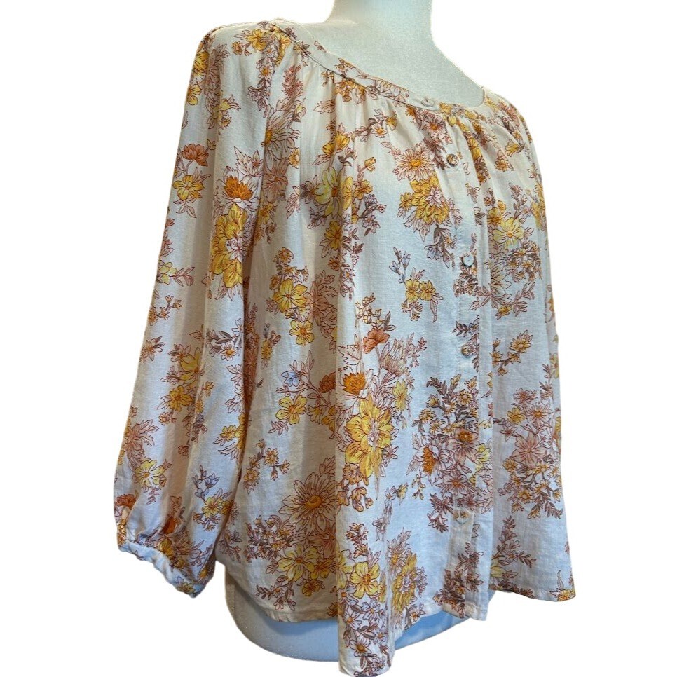 Cynthia Rowley Womens Floral Print Peasant Blouse – Size S – 55% Linen 45% Rayon