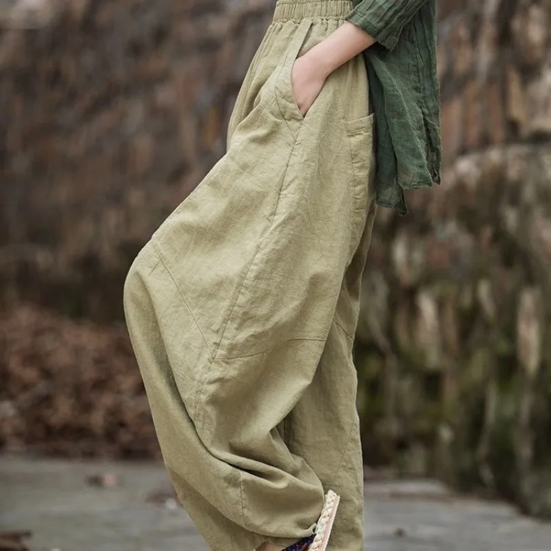 Elegant Women’s Cotton Linen Baggy Cargo y2k Pants Vintage Elastic Waist Trouser