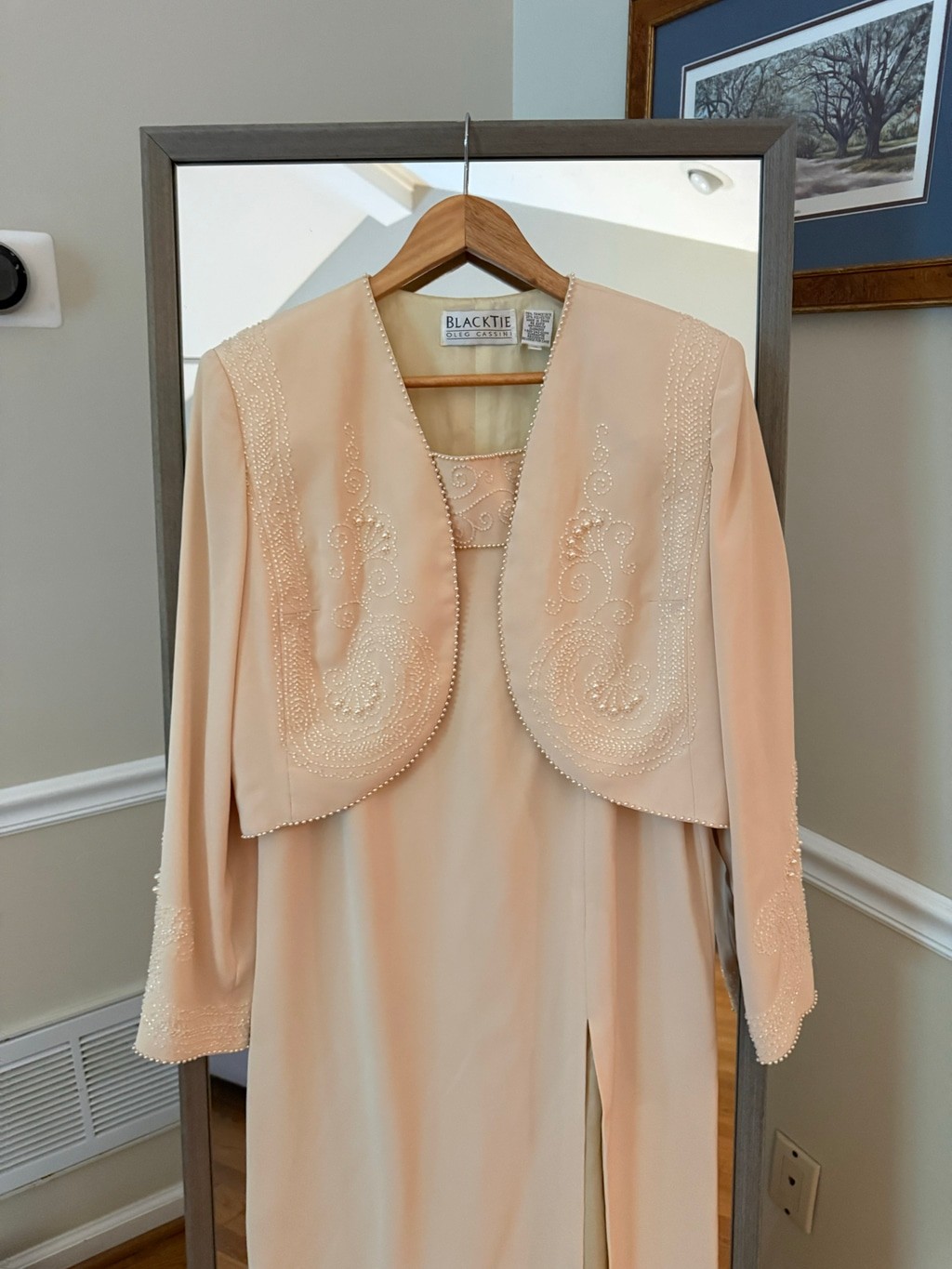 Women’s Oleg Cassini Beaded Dress and Jacket Set, Beige, Size 10