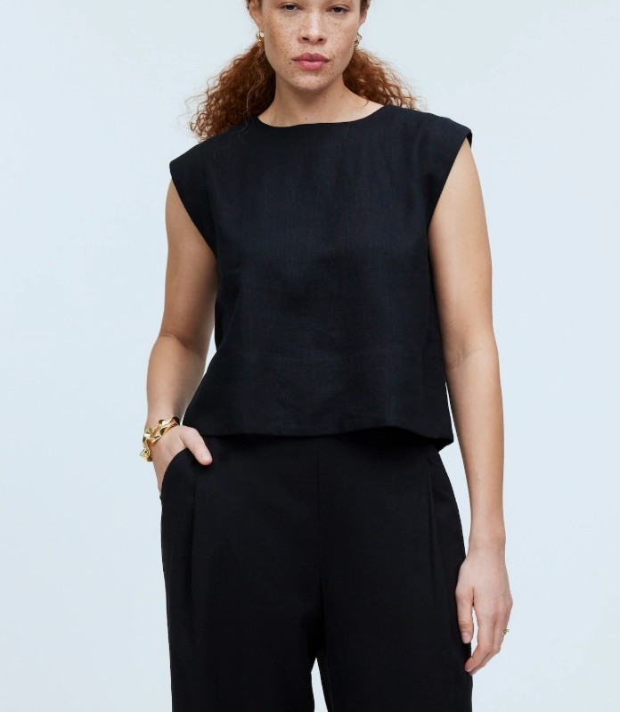 Madewell Black Bateau-Neck Tank in 100% Linen Button-down Back Large