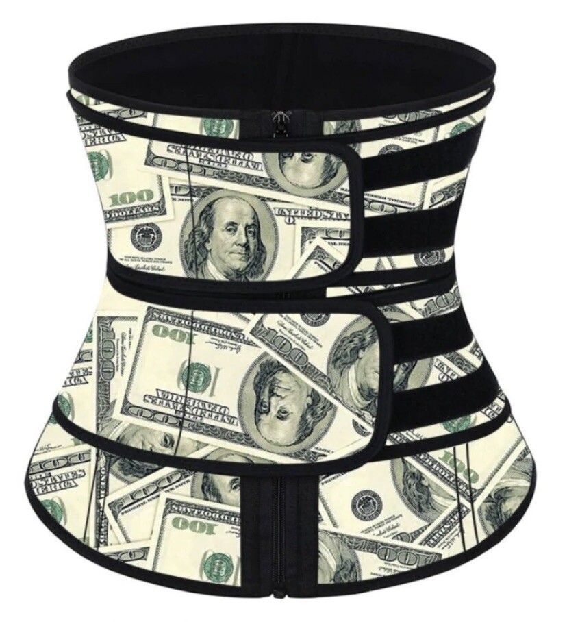 Money Print Latex Double Belt 7 Steel Bone Zipper Waist Trainer