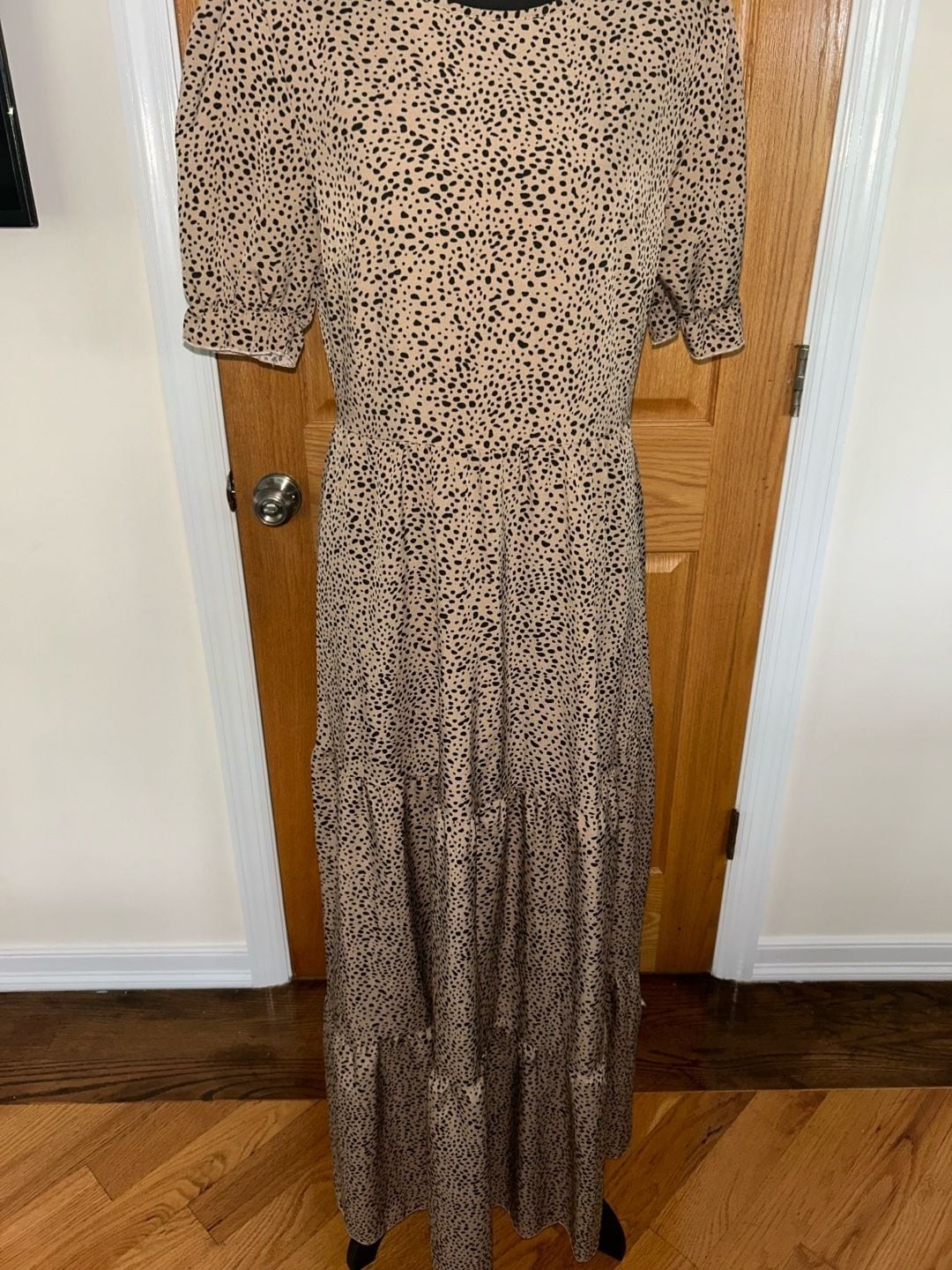 Tan and Black Animal Print Tiered Maxi Dress with Puff Sleeves