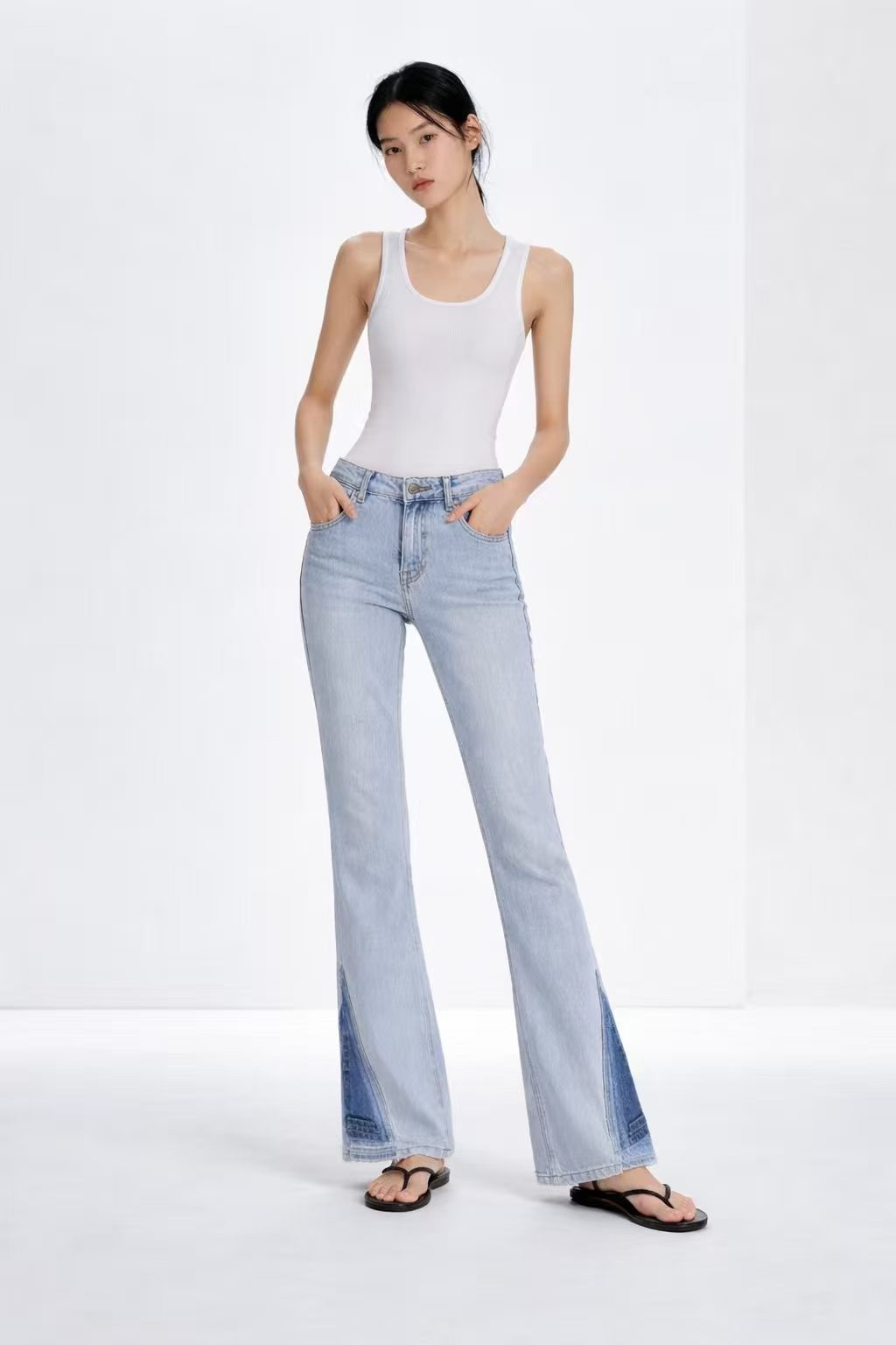 Women’s Light Blue Bootcut Flare Jeans Contrast Hem Panel Denim Pants