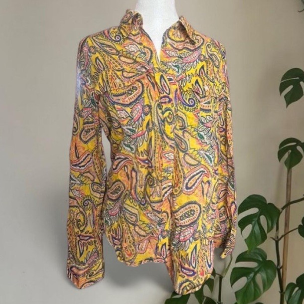 Lauren Ralph Lauren Paisley Button Down Shirt Women’s Medium Yellow Long Sleeve