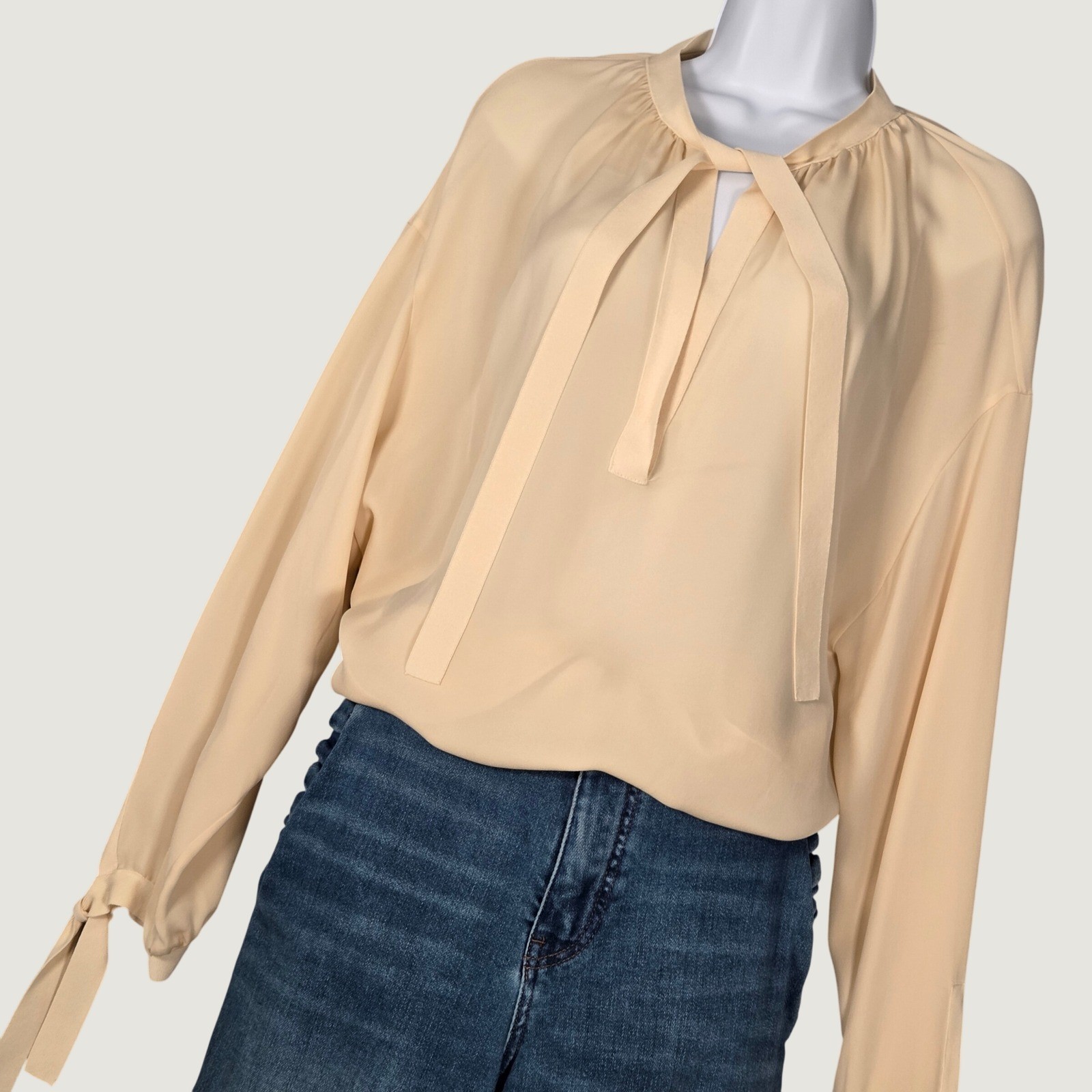 Vince Women Large Pure Silk Tie Neck & Cuff Poet Blouse Beige Long Sleeve Office