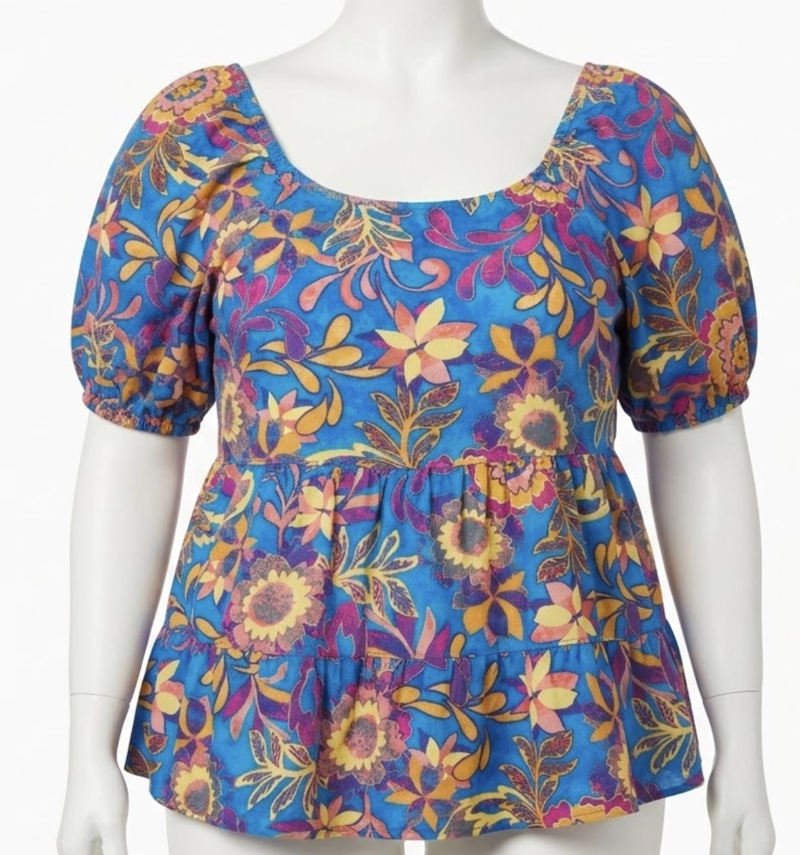 Terra Sky Blouse Womens Plus 1X Blue Yellow Pink Tunic Puff Sleeve Scoop Neck
