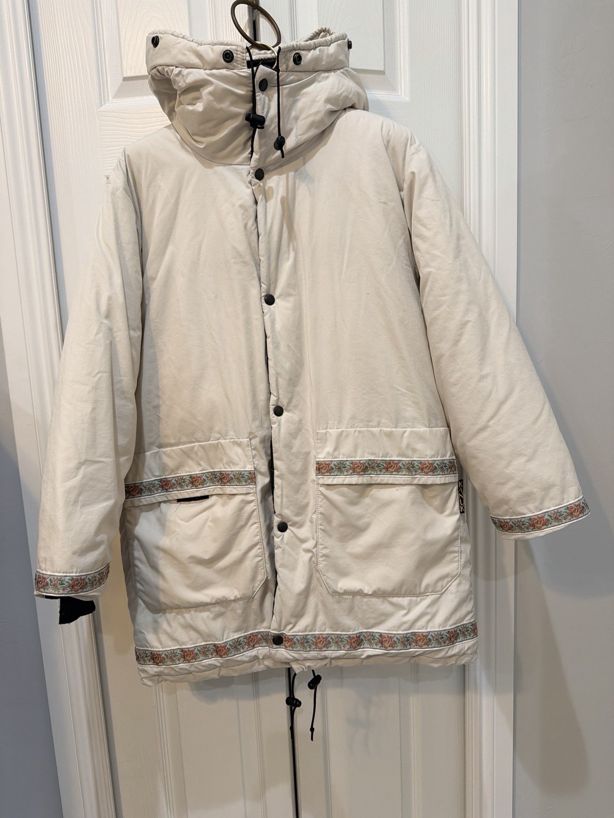 Vintage Kanuk Parka Cream Winter Jacket Coat Made in Canada Embroidered Trim