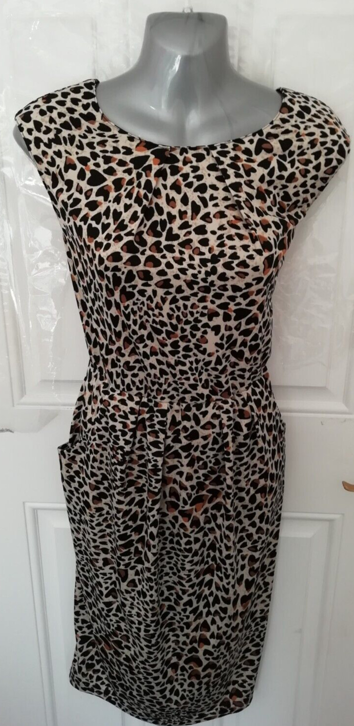 Joanna Hope Ladies Size 12 Black Brown Animal Heart Print Stretchy Dress Pockets