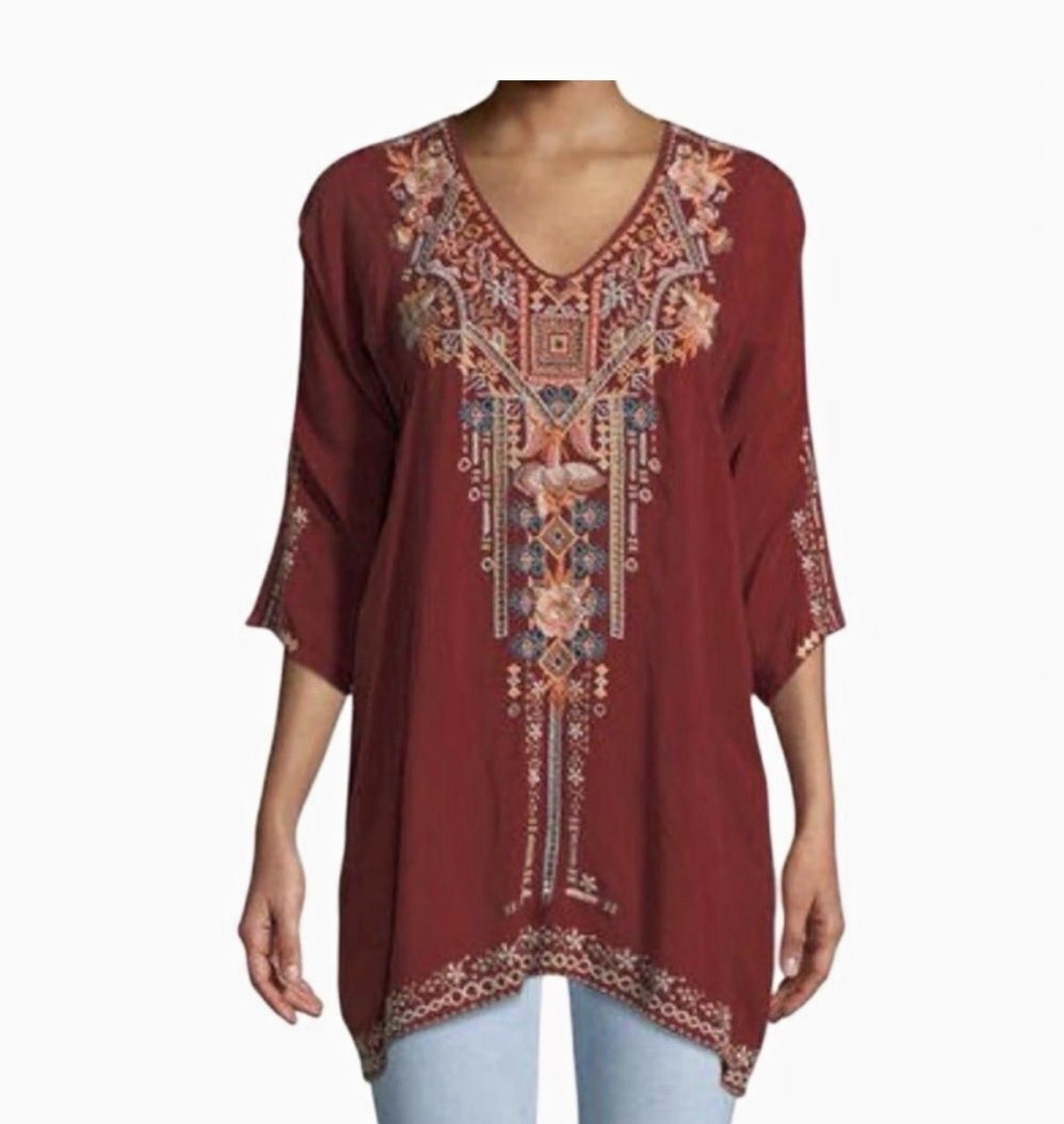 Maternity Women’s S Burgundy Embroidered Floral Boho V-Neck 3/4 Tunic Blouse