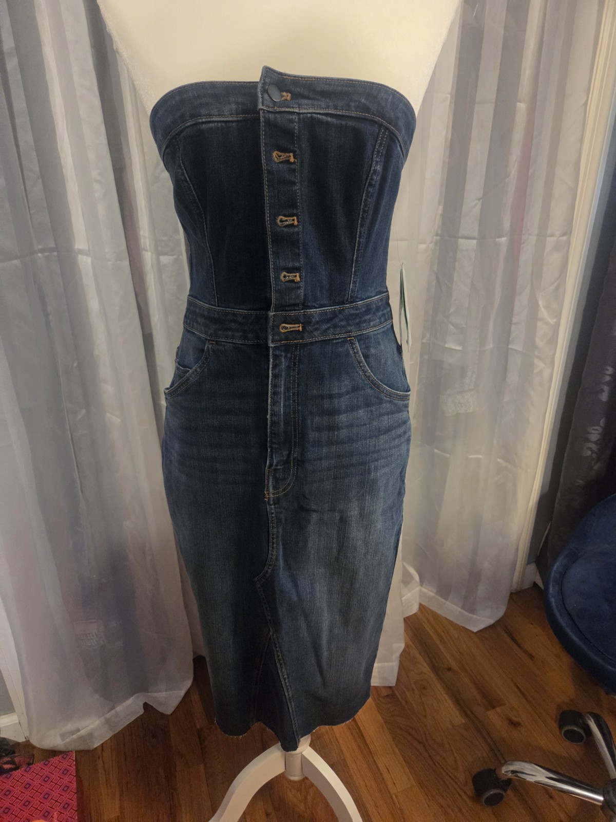 Women’s Strapless Blue Denim Sheath Dress Button Front Pockets Knee Length L