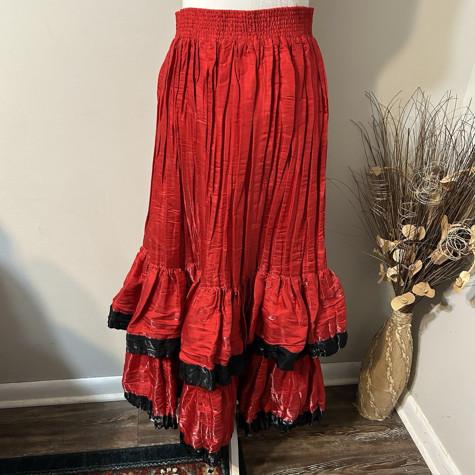Vtg Bar None Red Black Shiny Tiered Maxi Skirt Boho Pirate Goth Witchy Sz M USA