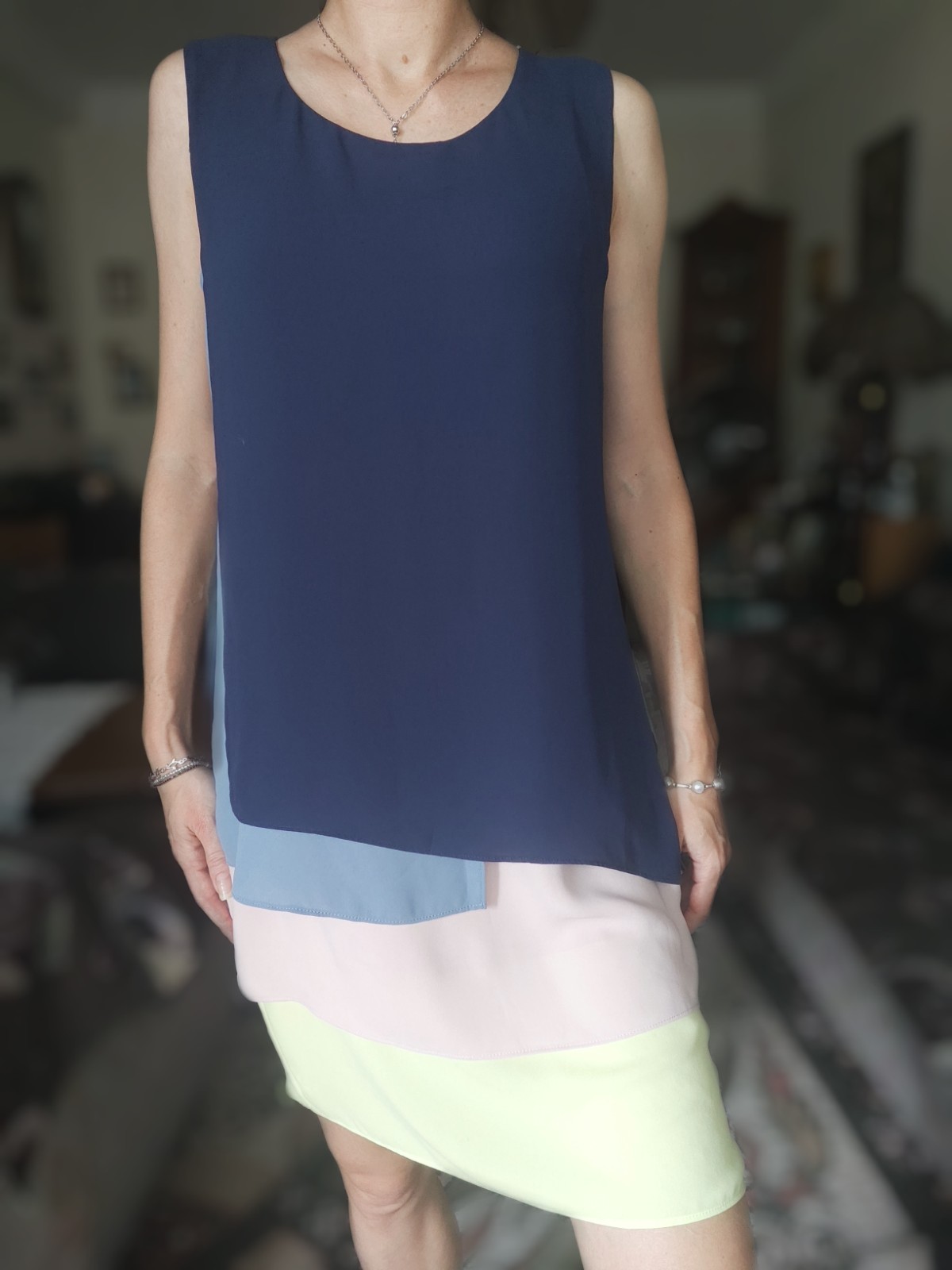 BCBGMAXAZRIA Hayley Colorblock Layered Chiffon Mini Dress Navy Pink Yellow Sz 4
