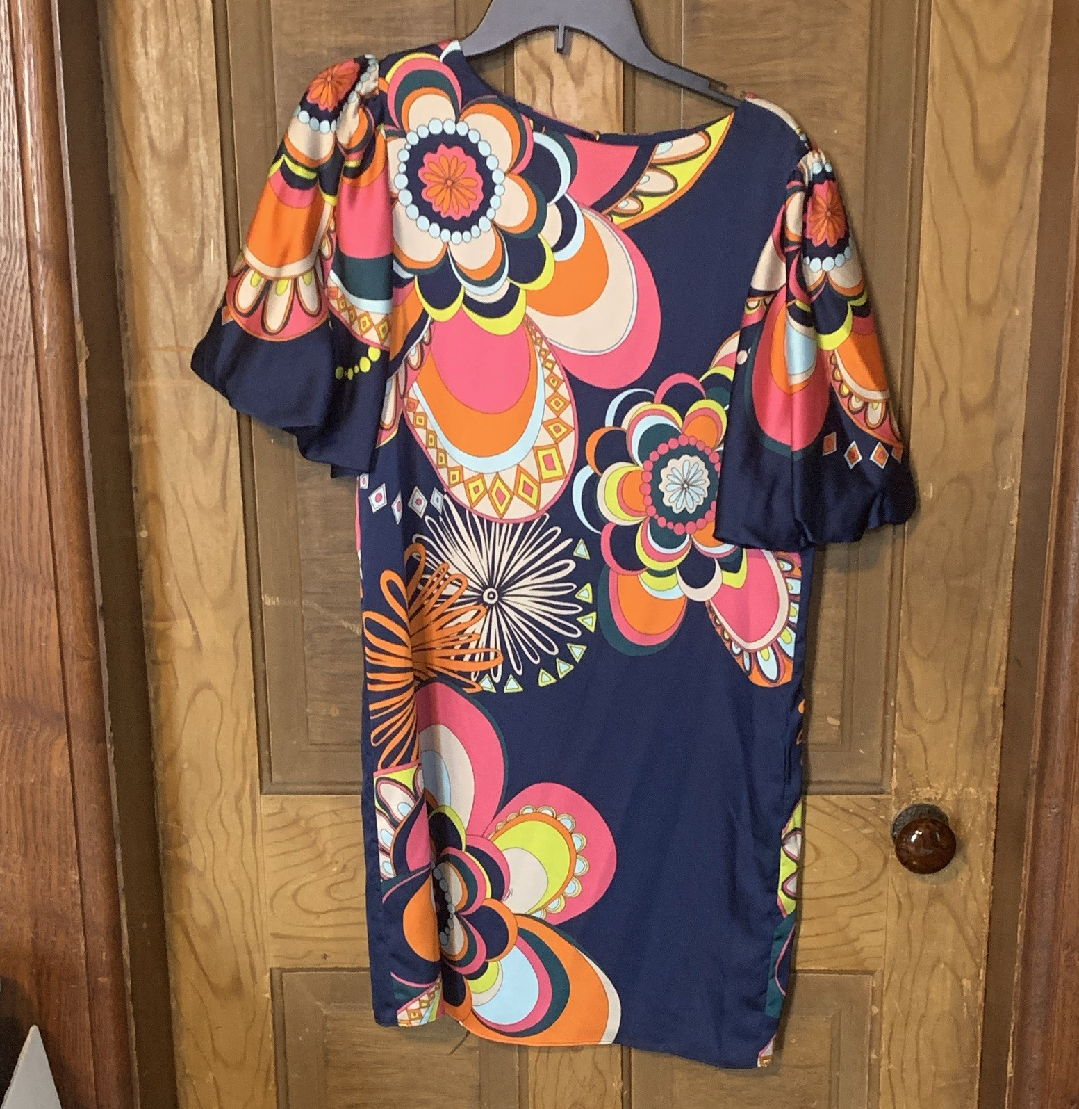 Trina Turk Shift Dress 8 Navy Multicolor Floral Puff Sleeve Satin Polyester