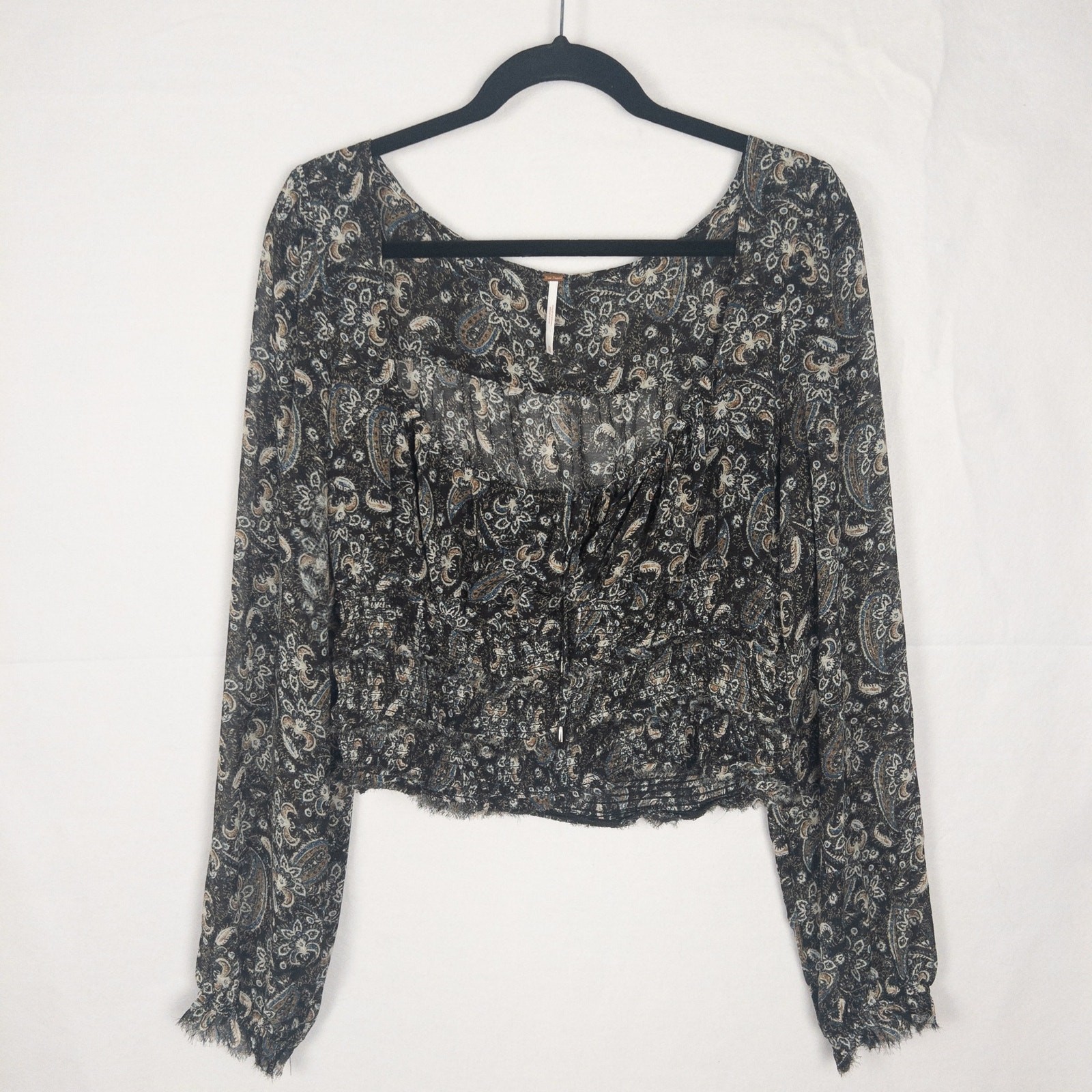 Free People Womens XL Paisley Smocked Boho Crop Blouse Long Sleeve Top READ