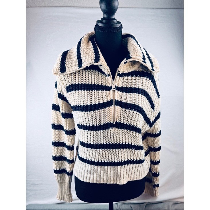 American Eagle Outfitters Cream and Black Striped Half-Zip Turtleneck Sweater