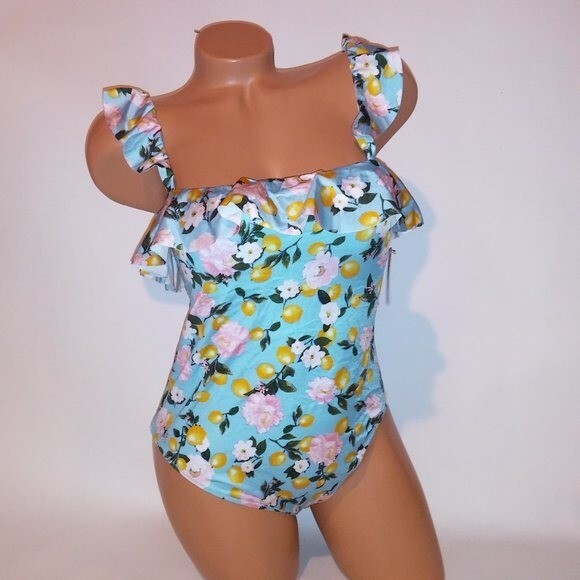 Victoria Secret One Piece Swim Large Blue Yellow Pink Floral Ruffle Lemons