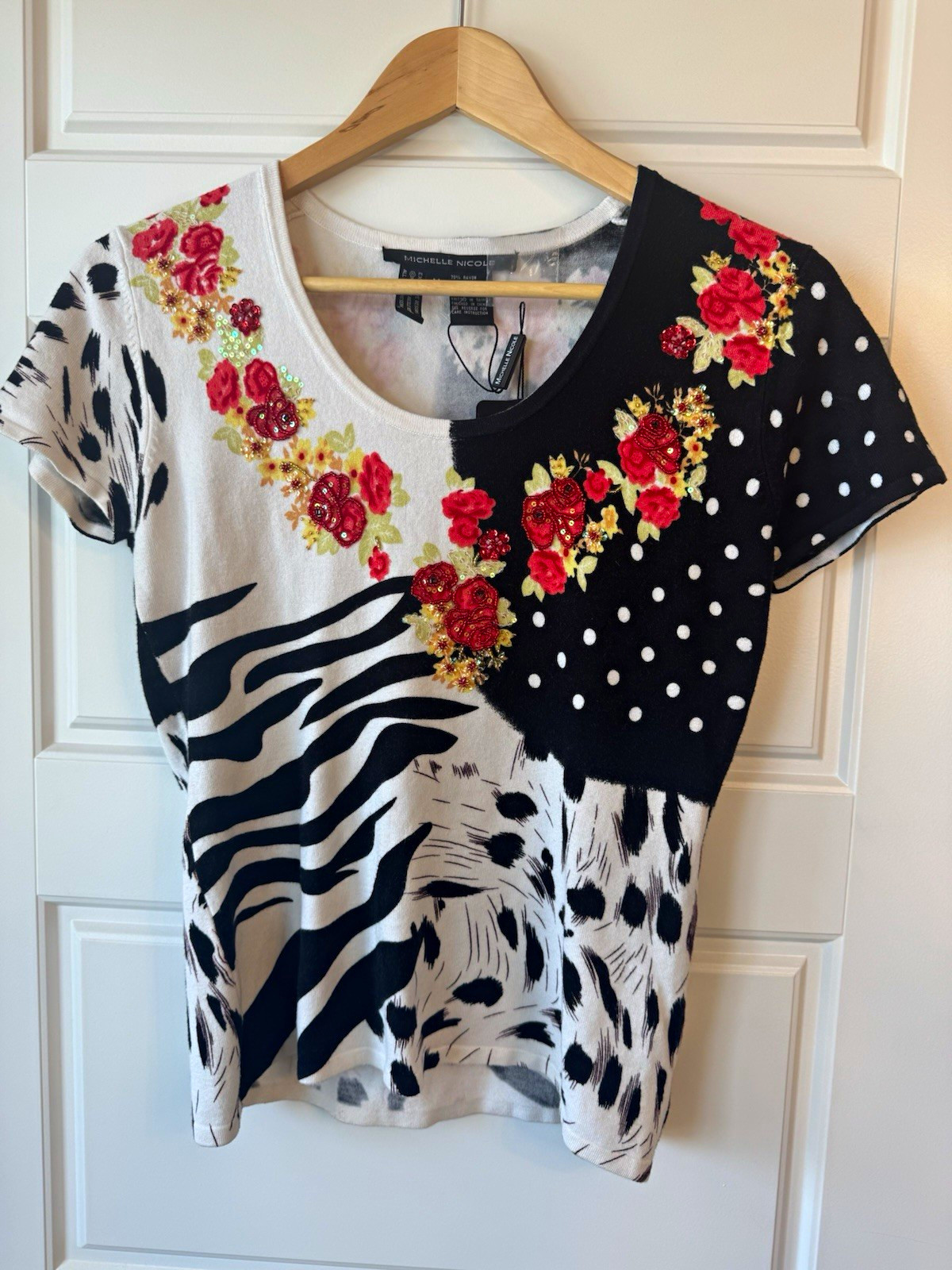 Vintage Y2K Women’s M Animal Print Sequin Knit Top Short Sleeve