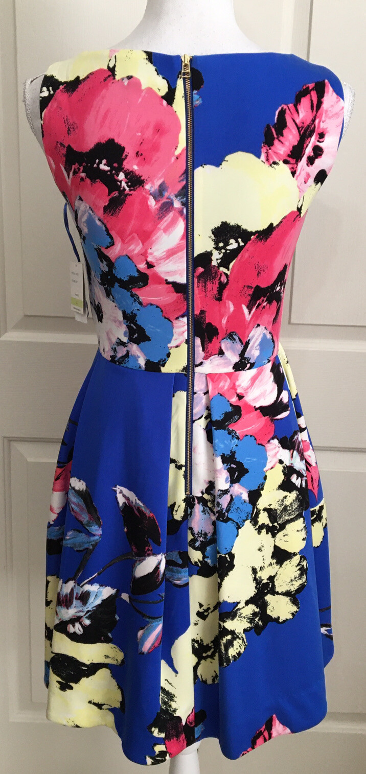 NWT Taylor size 4 blue yellow pink floral sleeveless fit and flare dress