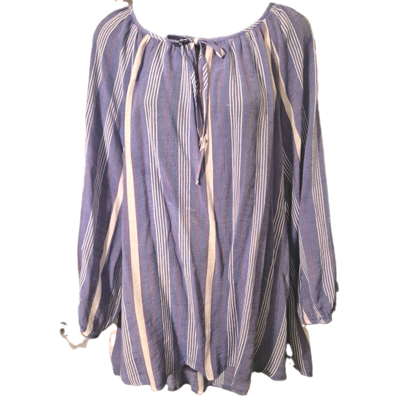 Fred David Women’s 3X Plus Blue/White/Red Striped Tie Neck Long Sleeve Blouse