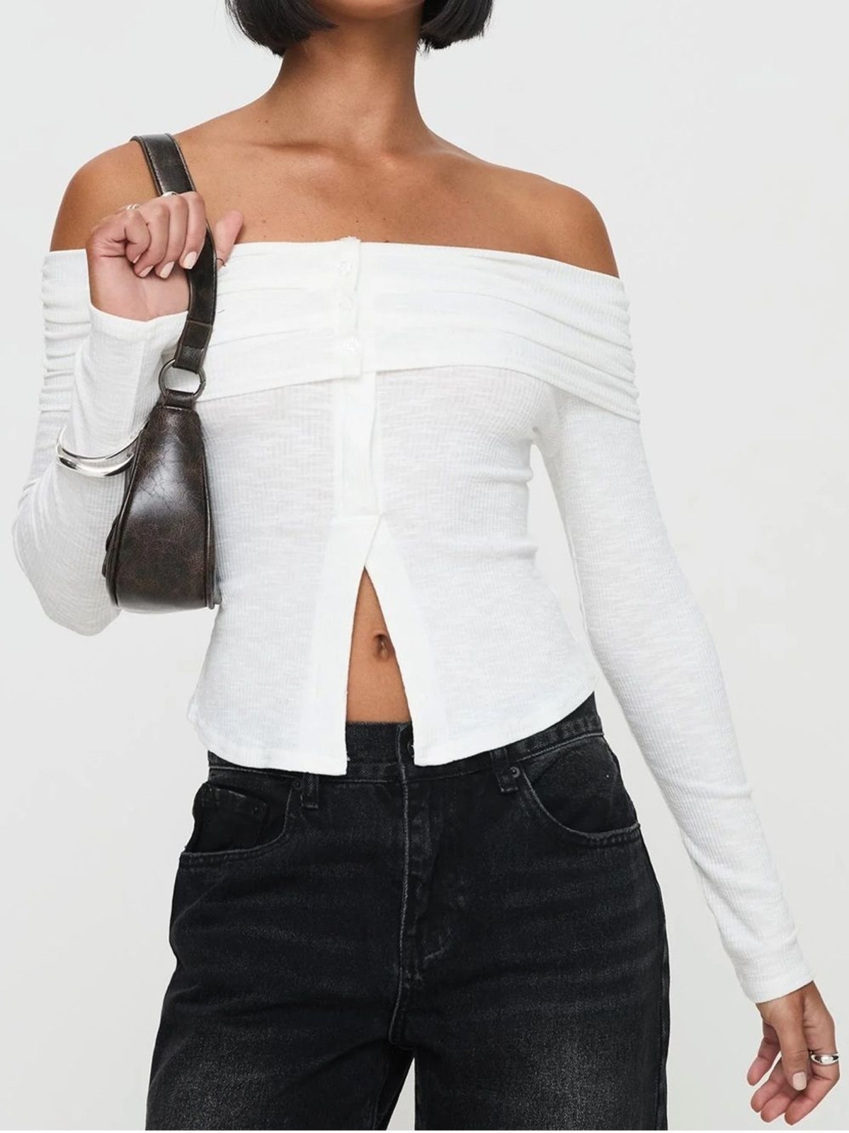 PRINCESS POLLY VICTOREA OFF THE SHOULDER LONG SLEEVE WHITE TOP M