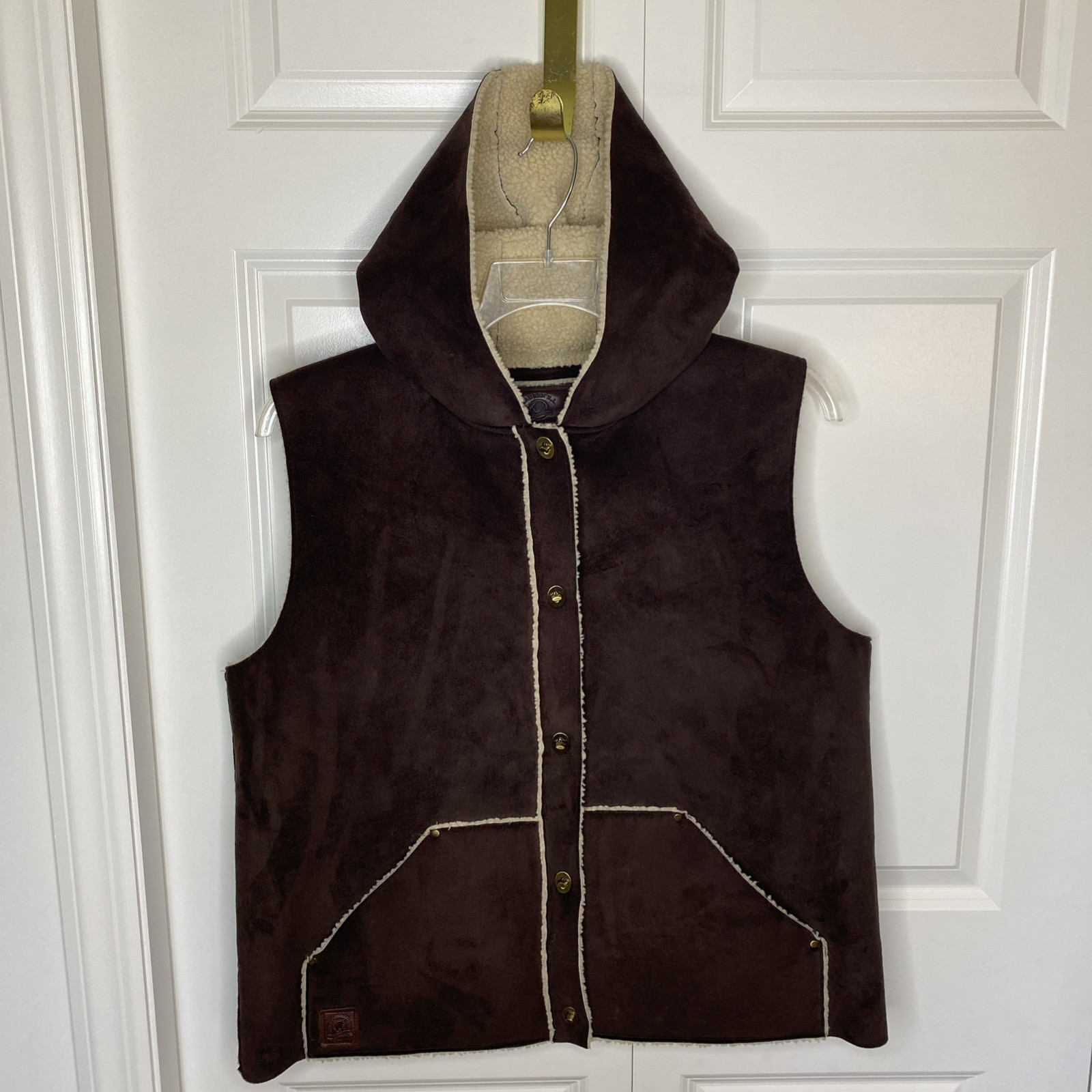 Women’s Vest Dark Brown Faux Suede Hooded Ralph Lauren XL Sherpa Lining