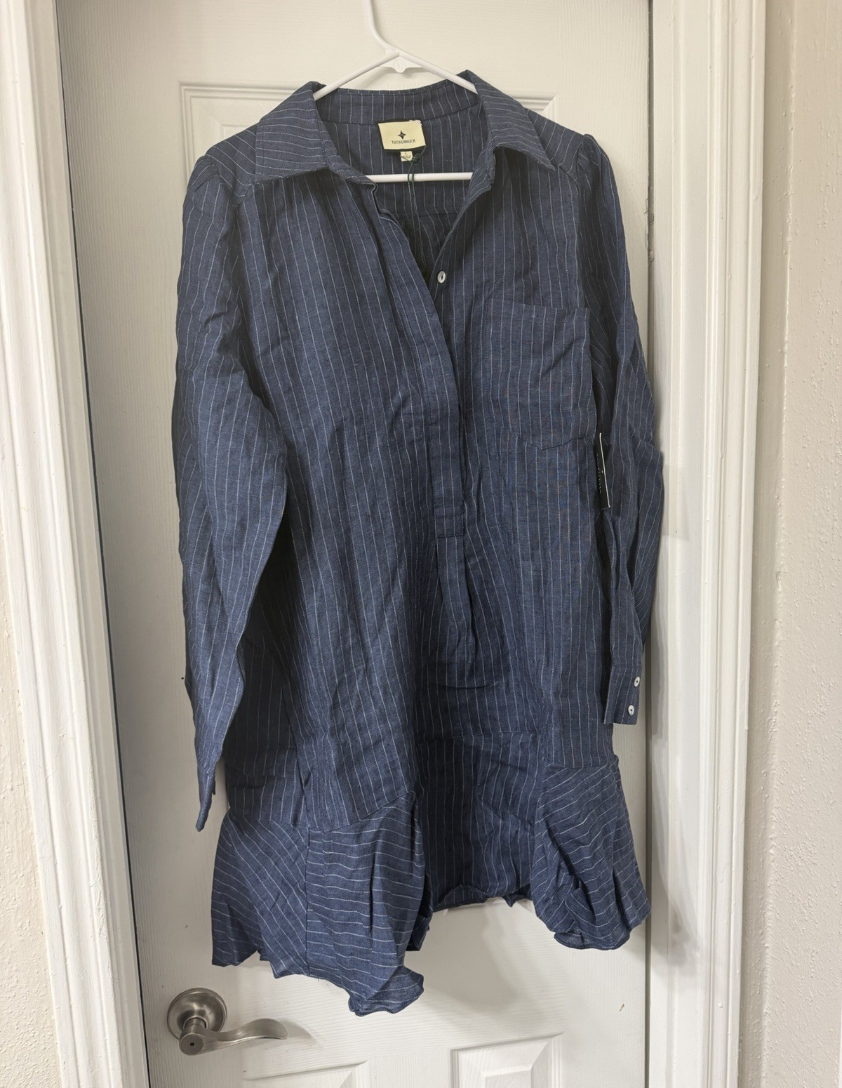Women’s Blue Striped Shirt Dress M Short Cotton Woven Button-Front Collared