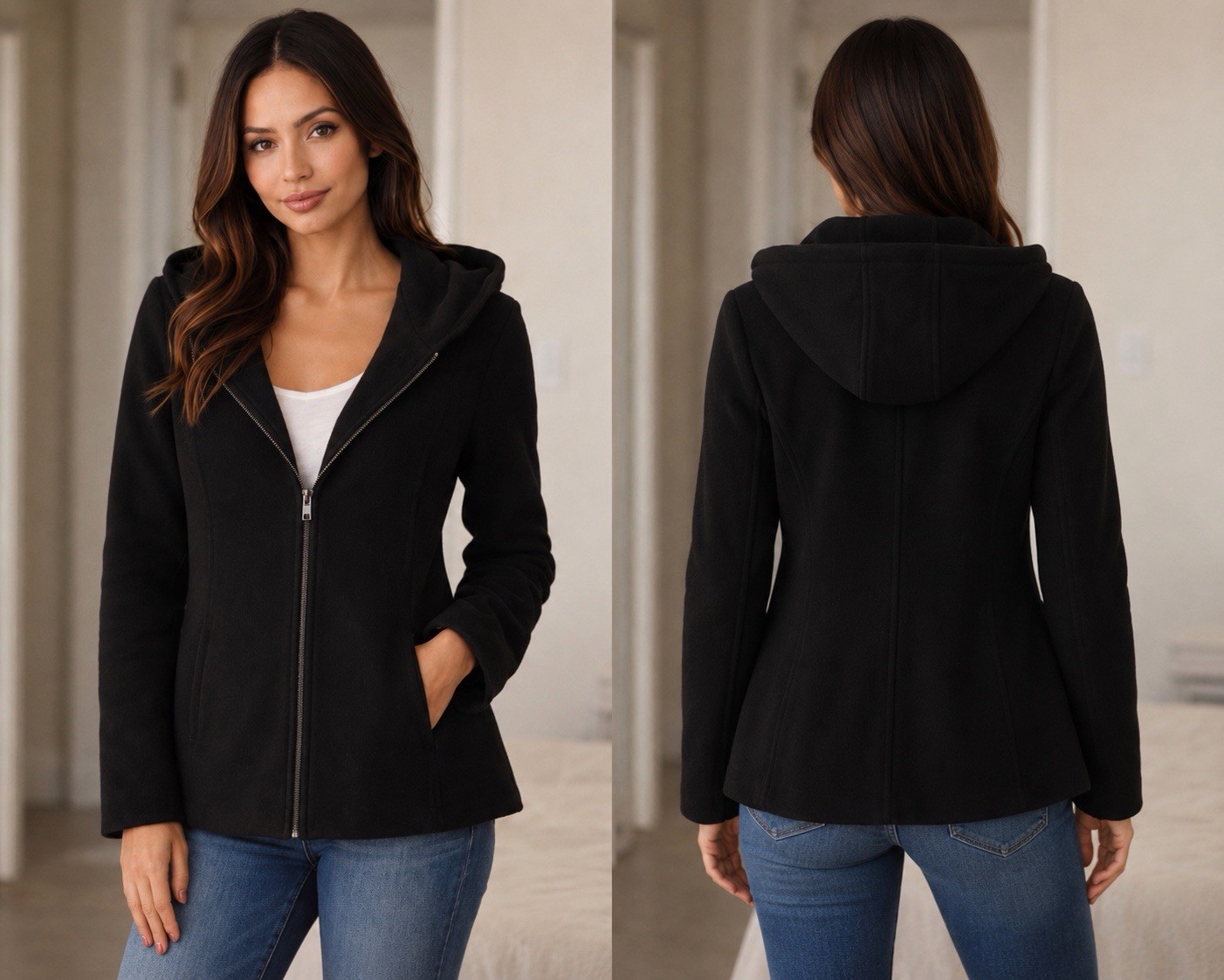 Women’s Full Zip Fleece Hooded Hoodie w/ Pockets Black Size L Cotton Blend