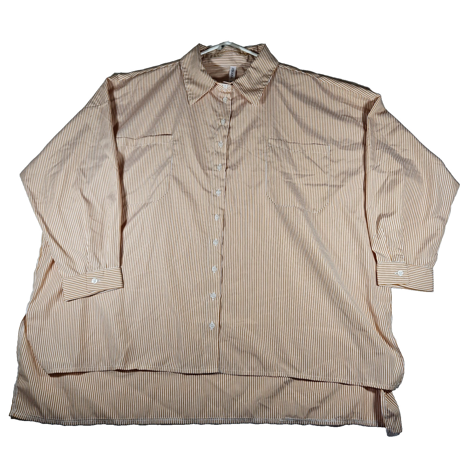 Zenana Plus Size 3X Striped Button Down Shirt Tan White Long Sleeve Pocket