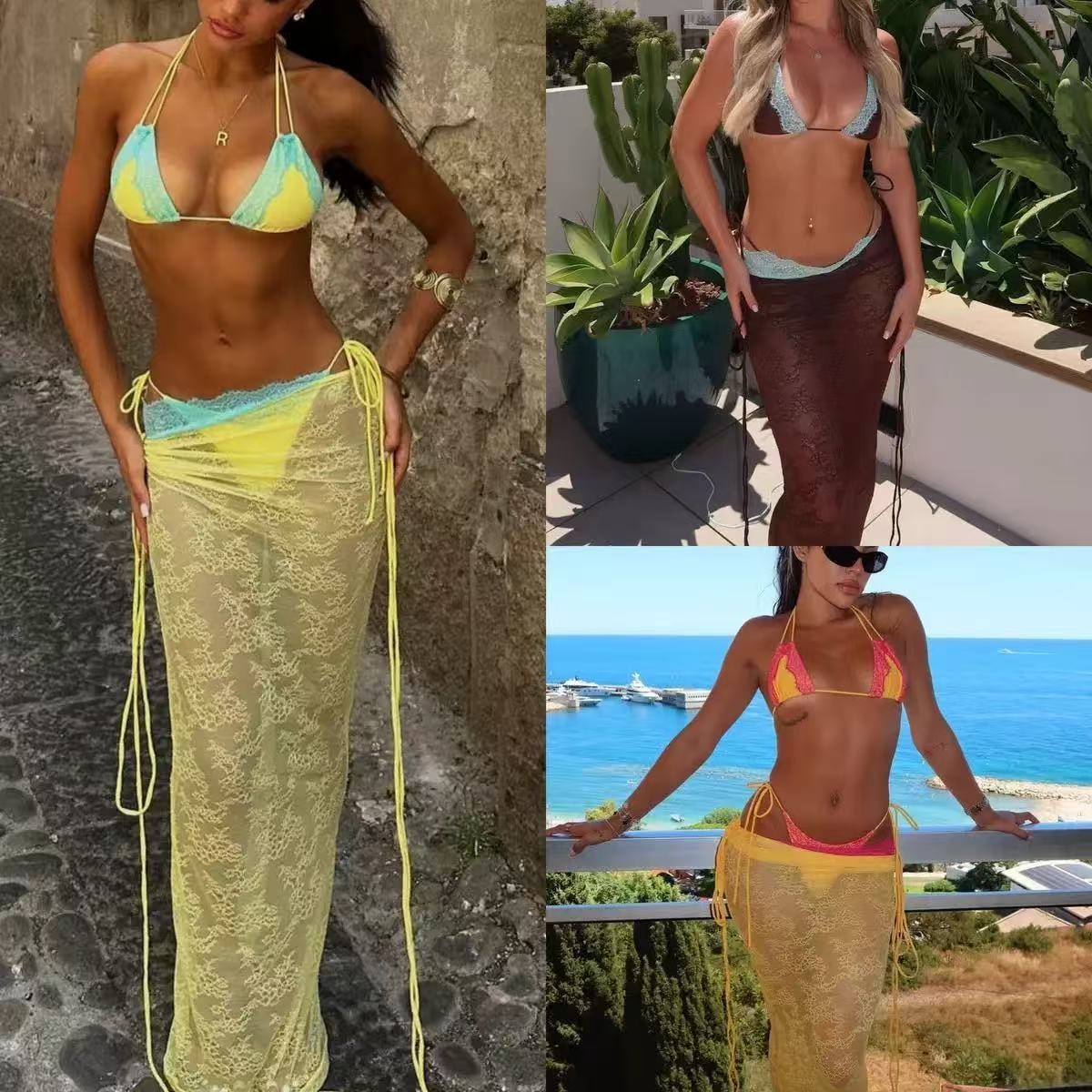 Women 3 Piece Bikini Set Triangle Halter Swimsuit Mesh Sarong Cover Up Beach