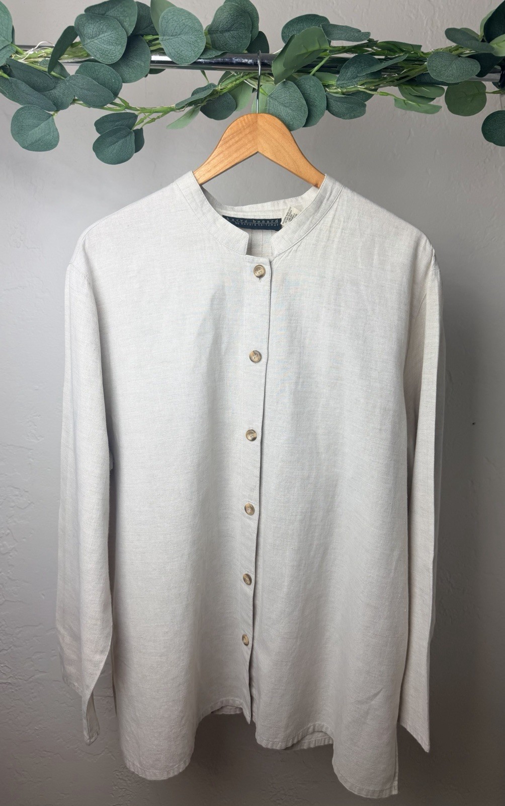 Linen Cotton Tunic Top Women’s 2X Oatmeal Minimalist Button Front HArve Bernard
