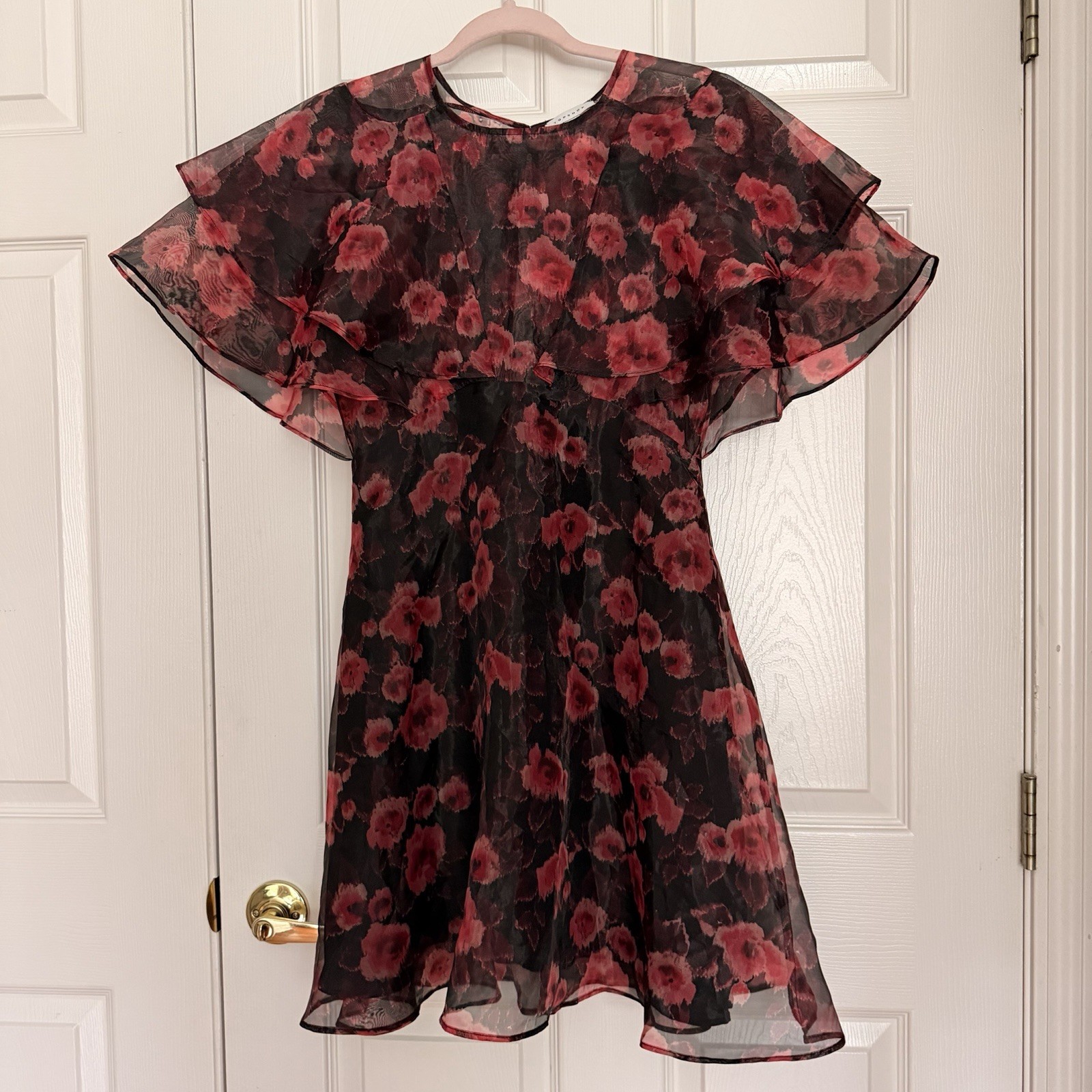Floral Organza Mini Dress Ruffle Sleeve Open Back Sheer Cocktail Party Sz 2 US